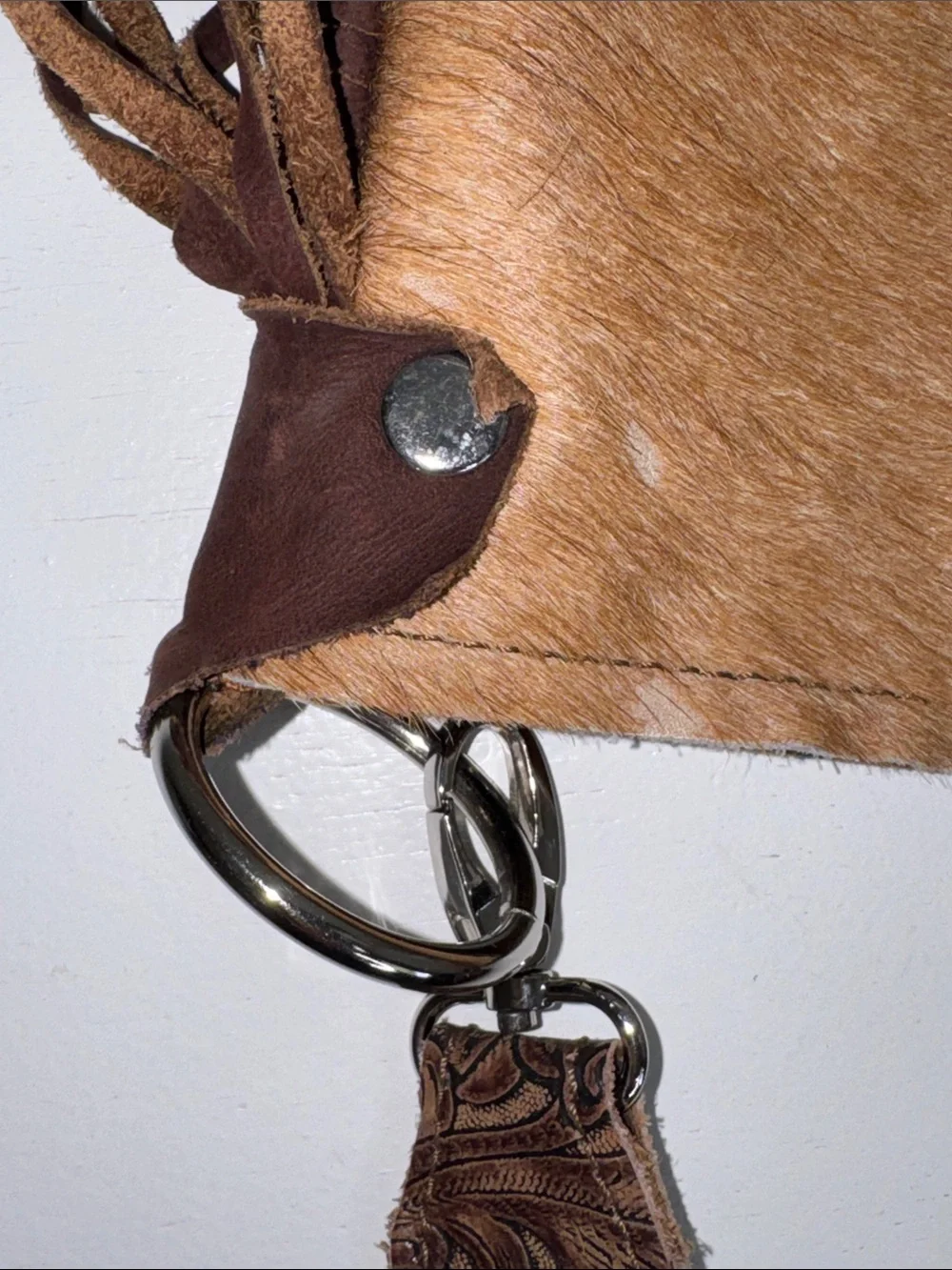Brown and Tan Leather Fringe Hobo Bag with Turquoise Accent